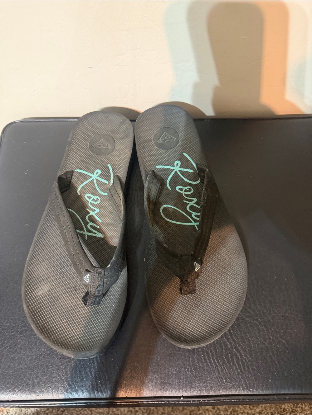 Roxy Black Flip Flop Sandals with Teal Logo